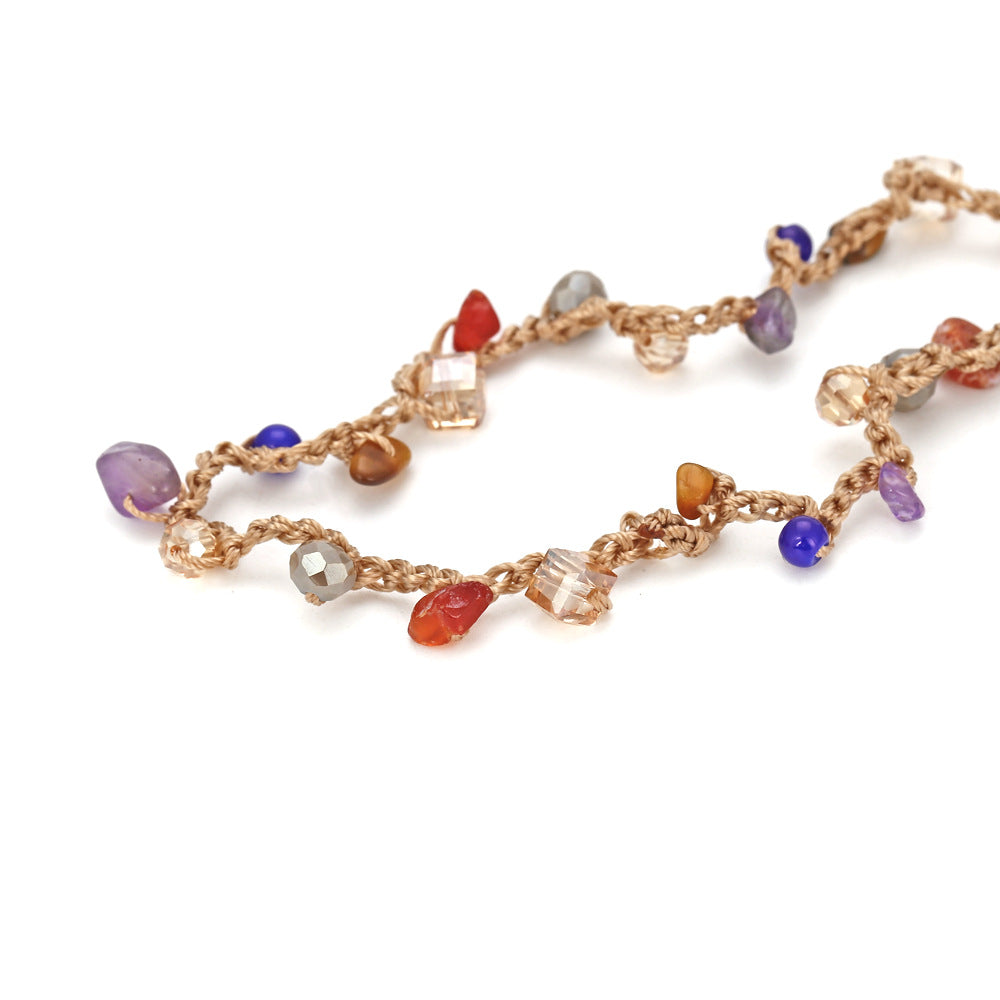 Wholesale Handwoven Colorful Gravel Glass Crystal Natural Stone Long Necklace